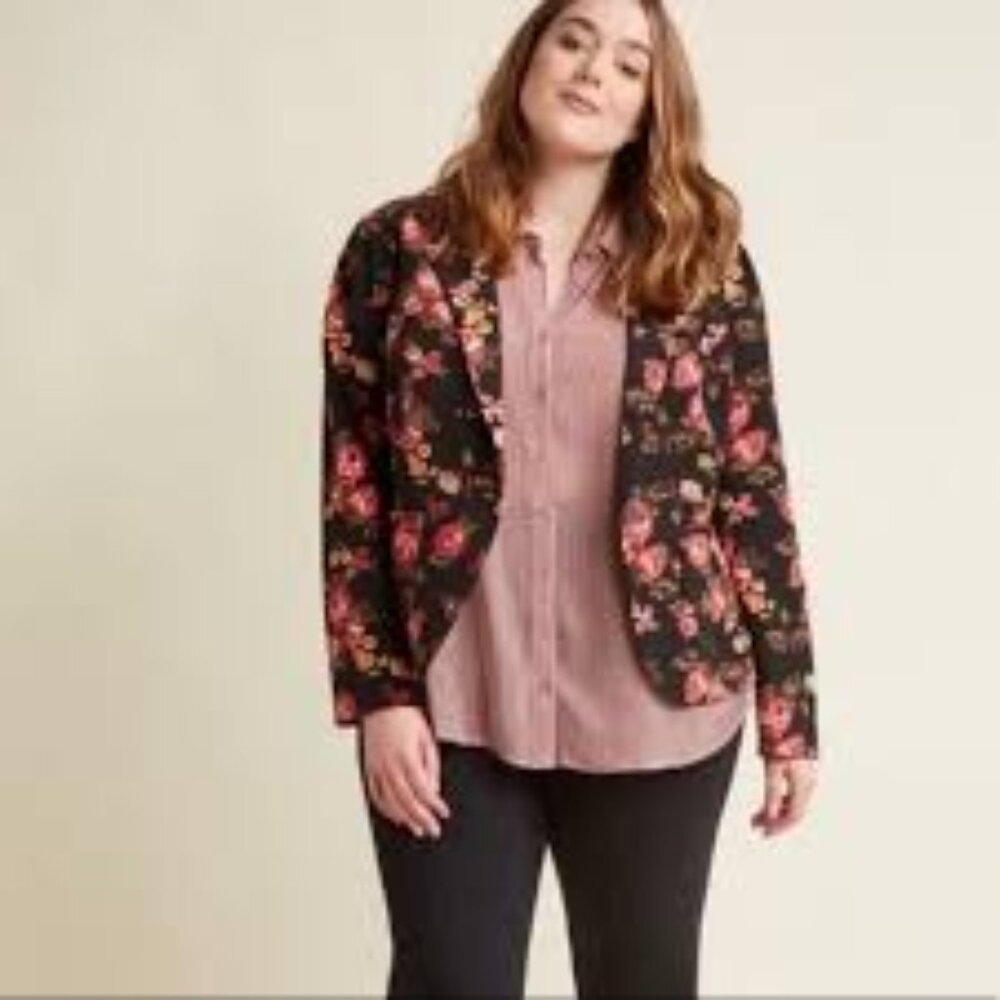 Modcloth Black Floral Blazer with Pink and Green Blooms